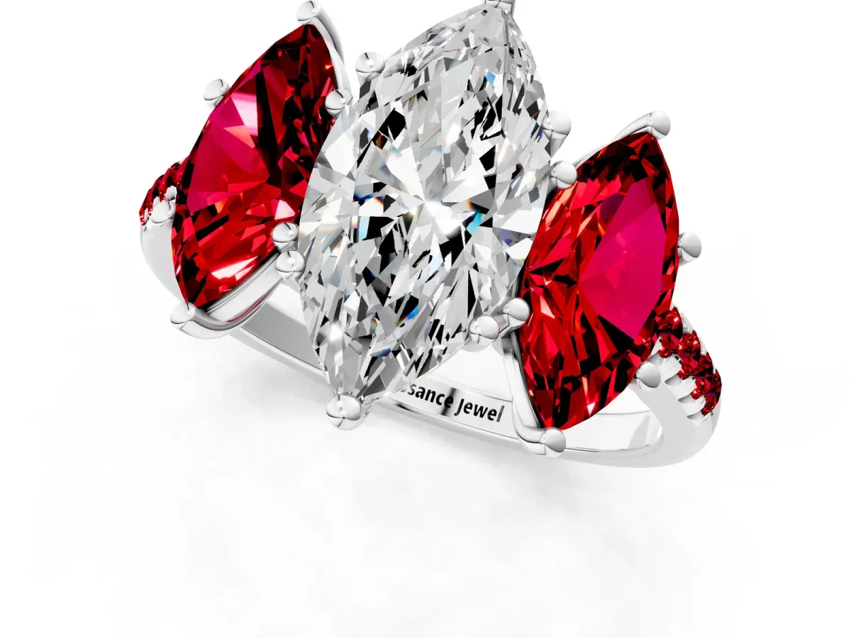 Three-Stone Marquise Cut Diamond Ring with Round Ruby Pavé Band and Prong Setting Silver