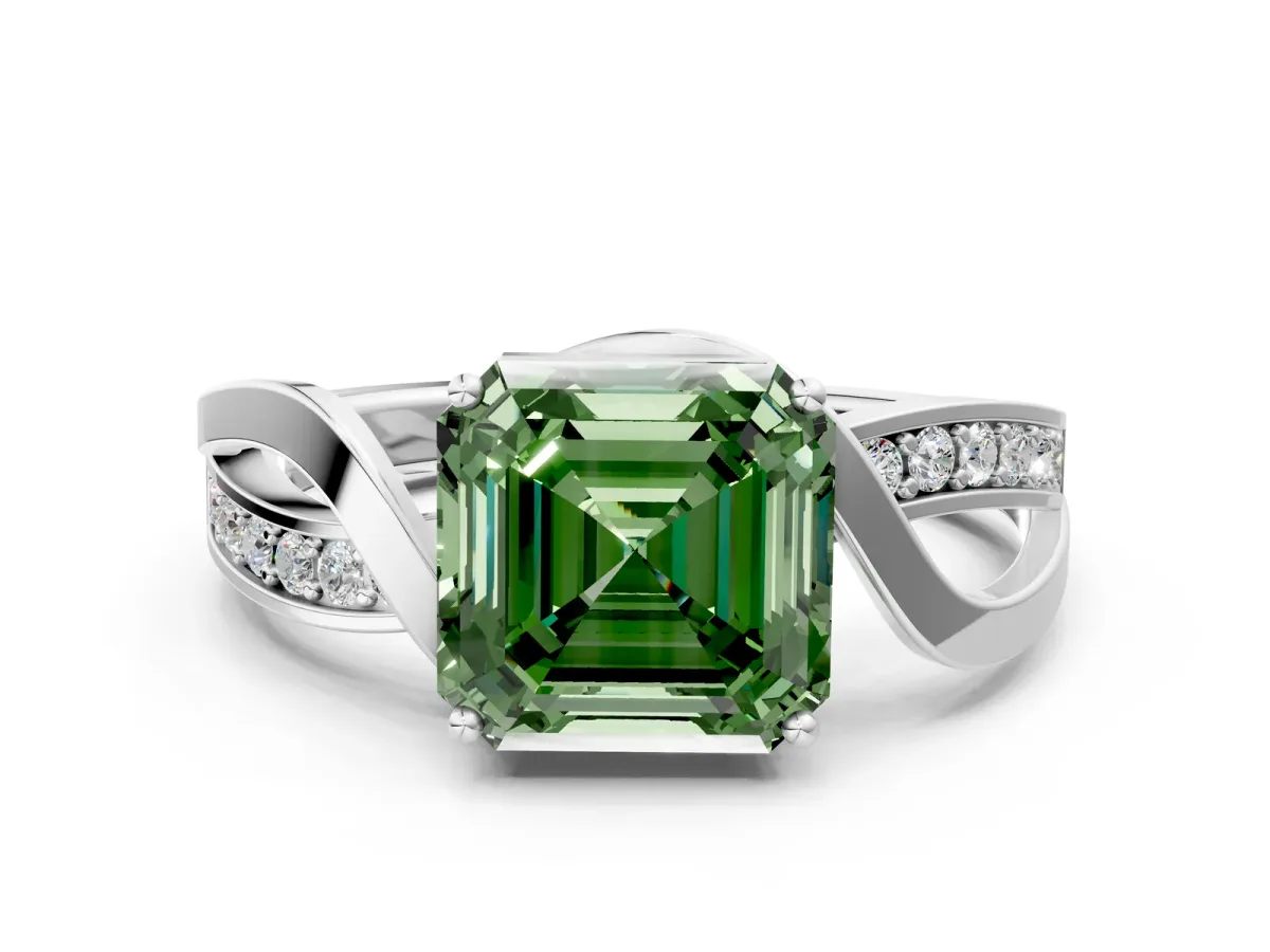 Fancy Green Asscher Cut Solitaire Twisted Band with Prong Setting Platinum