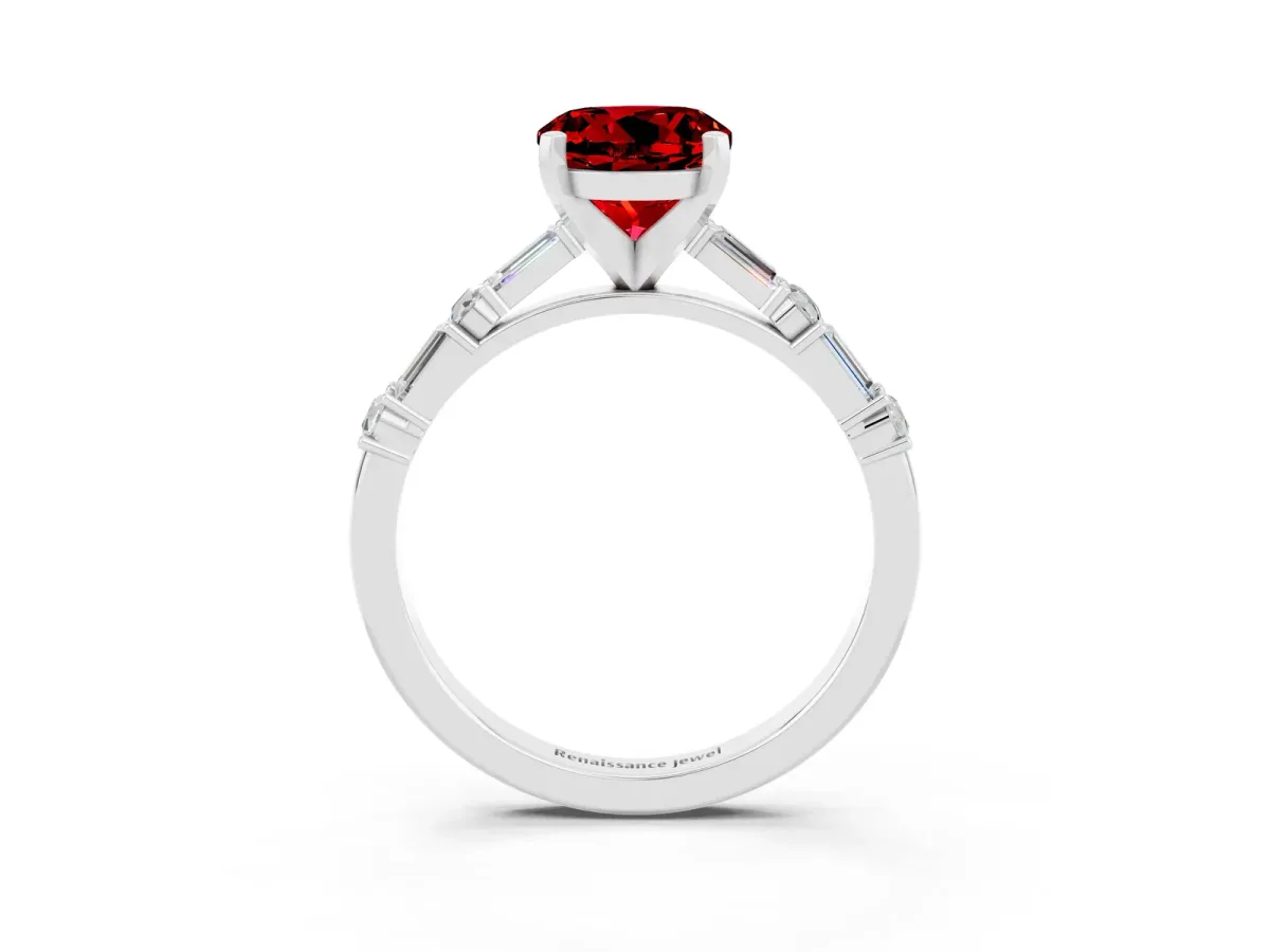 Round Cut Ruby Solitaire with Side Baguettes and Channel Set Band Platinum