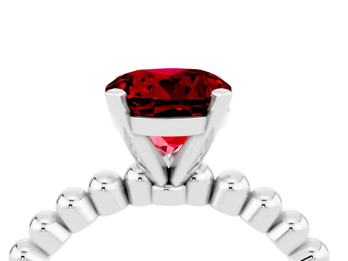 Round Cut Ruby Solitaire Ring with Beaded Band and Prong Setting Silver