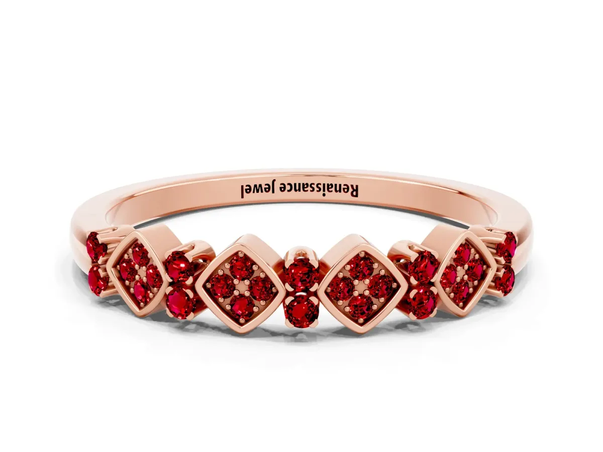 Pavé Cushion Ruby Cluster Eternity Band with Prong Setting Rose gold