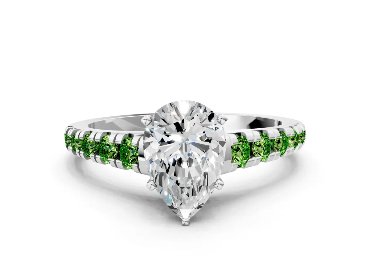 Pear Cut Diamond Cathedral Solitaire Ring with Round Peridot Pavé Band Platinum