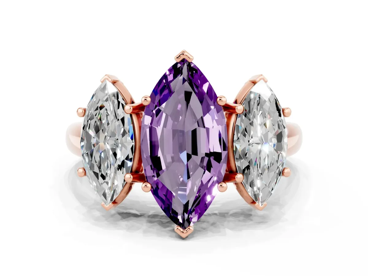 Three-Stone Marquise Cut Amethyst Engagement Ring with Prong Setting Rose gold