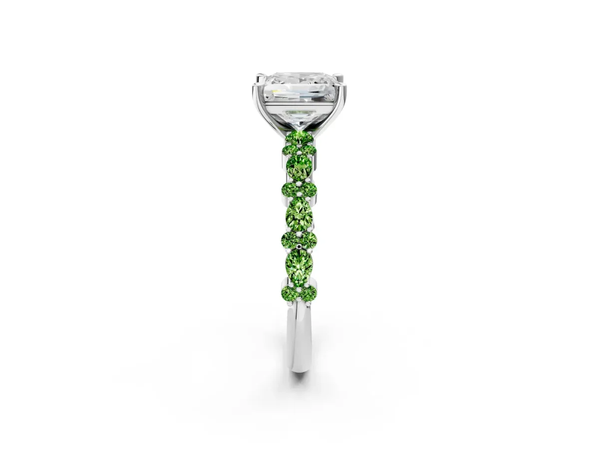 Princess Cut Diamond Side Stone Solitaire Ring with Round Peridot and Four-Prong Setting Platinum