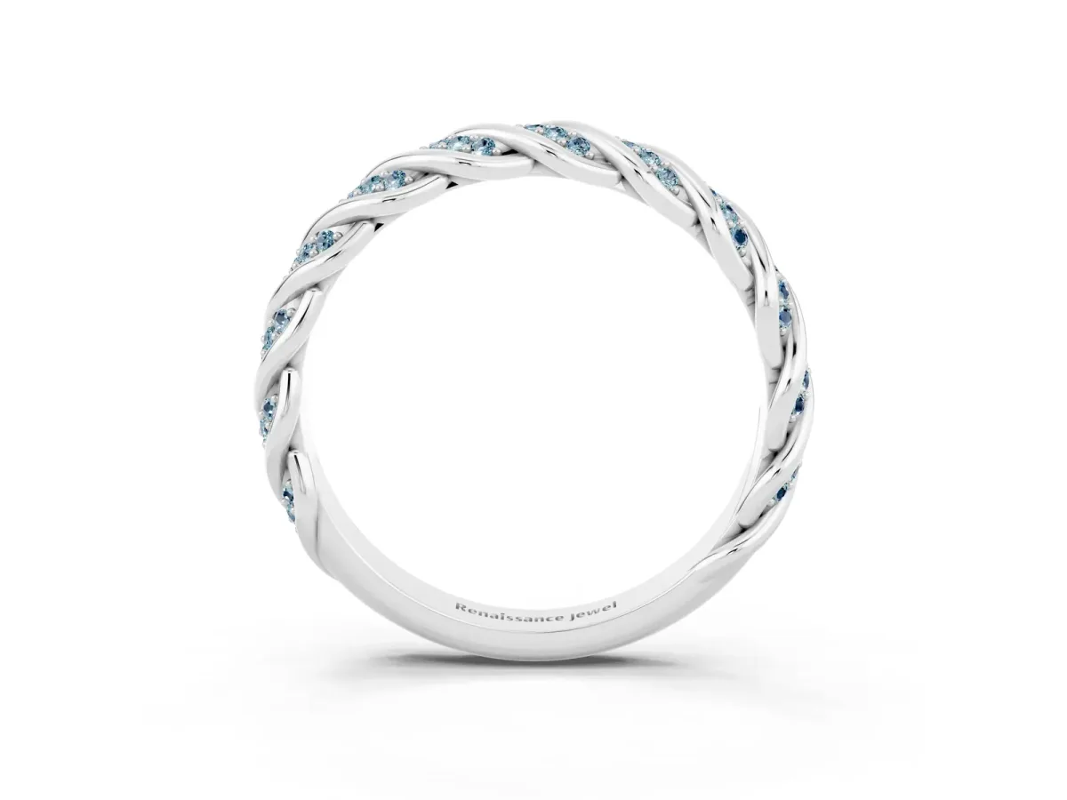 Twisted Pavé Round Aquamarine Eternity Band with Shared Prong Setting White gold