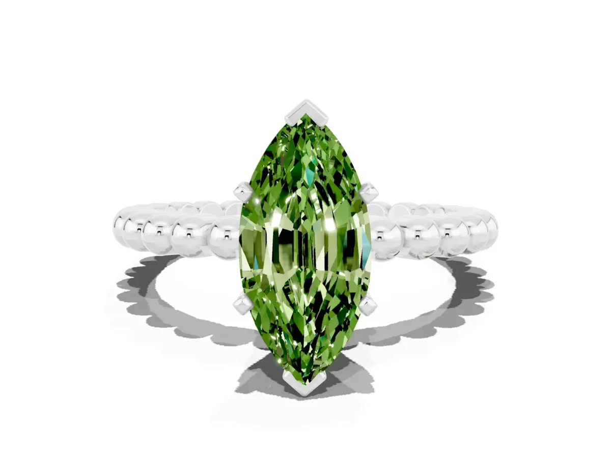 Marquise Cut Peridot Solitaire Ring with Beaded Band and Prong Setting Silver