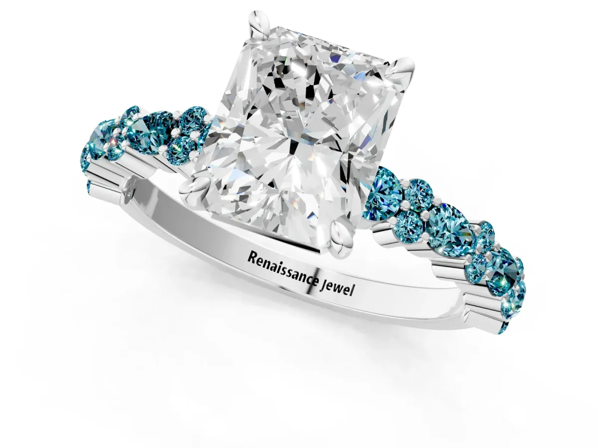 Radiant Cut Diamond Side Stone Solitaire Ring with Round Blue Topaz and Four-Prong Setting Silver