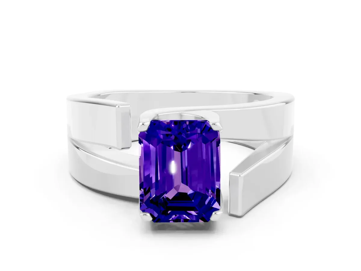 Modern Tension Set Emerald Cut Tanzanite Solitaire Wide Band Ring Silver