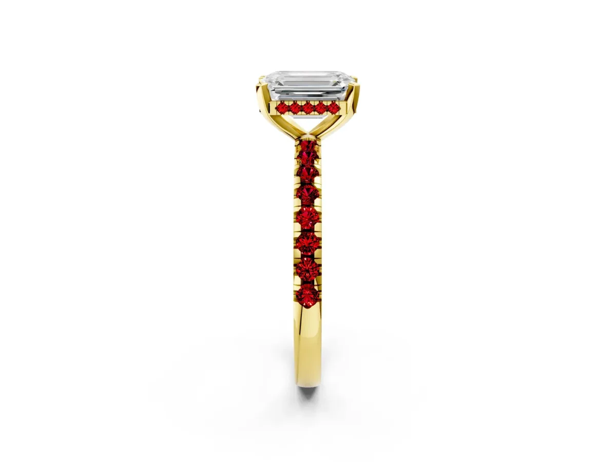 Emerald Cut Diamond Solitaire Ring with Round Ruby Pavé Band and Four-Prong Setting Yellow gold