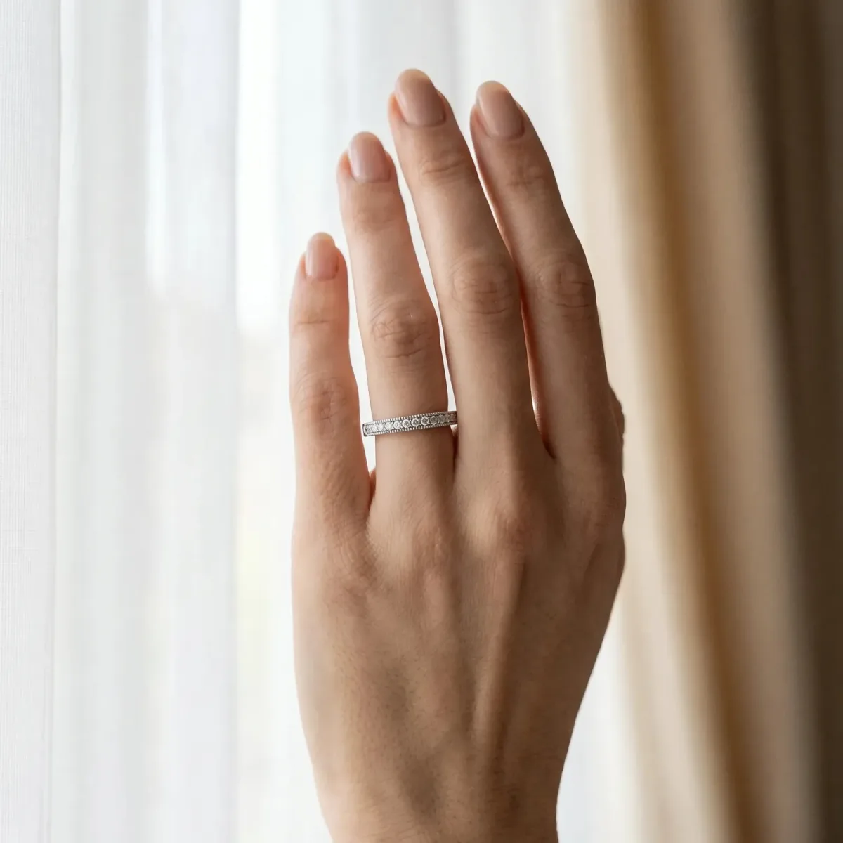Round Cut Diamond Pavé Set Milgrain Edge Eternity Band Silver
