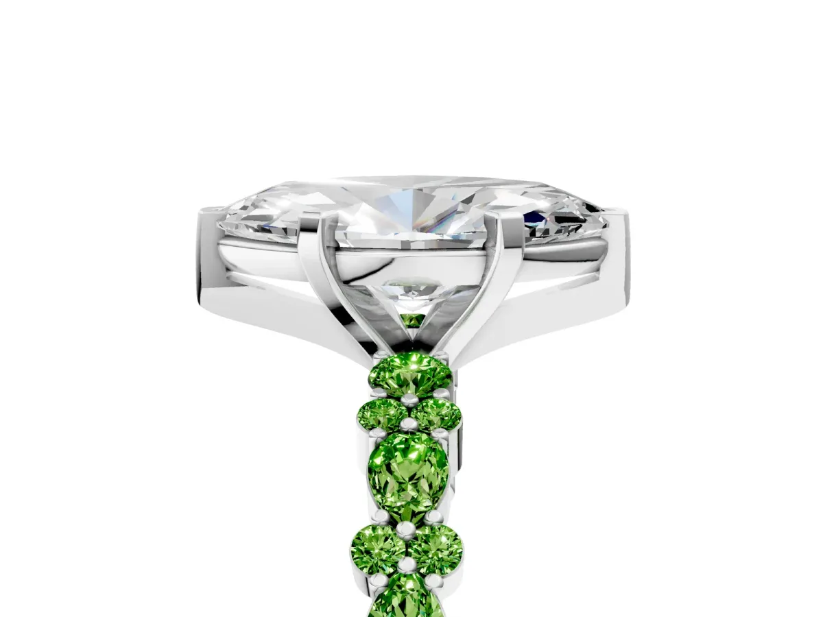 Marquise Cut Diamond Side Stone Solitaire Ring with Round Peridot and Four-Prong Setting Silver