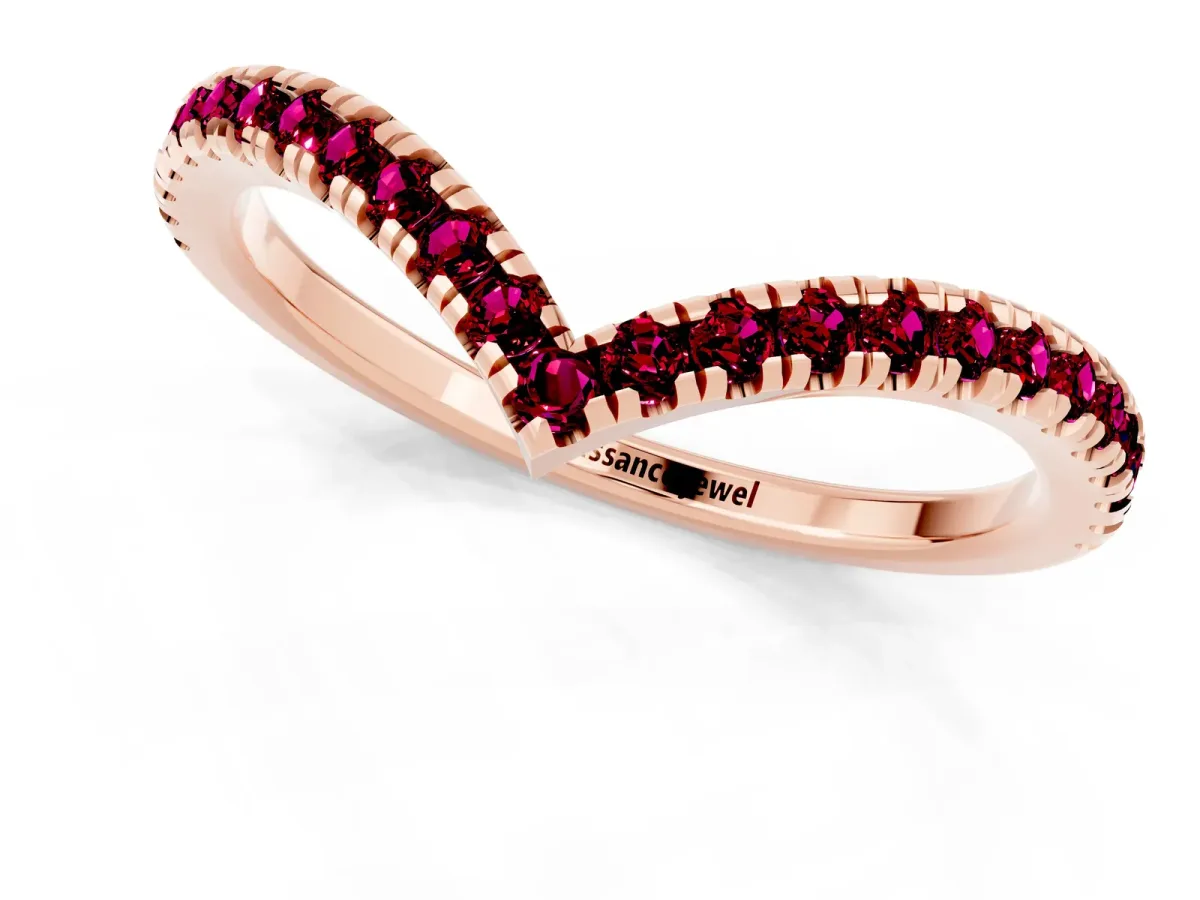 Pavé Round Garnet V-Shaped Chevron Band with Shared Prong Setting Rose gold