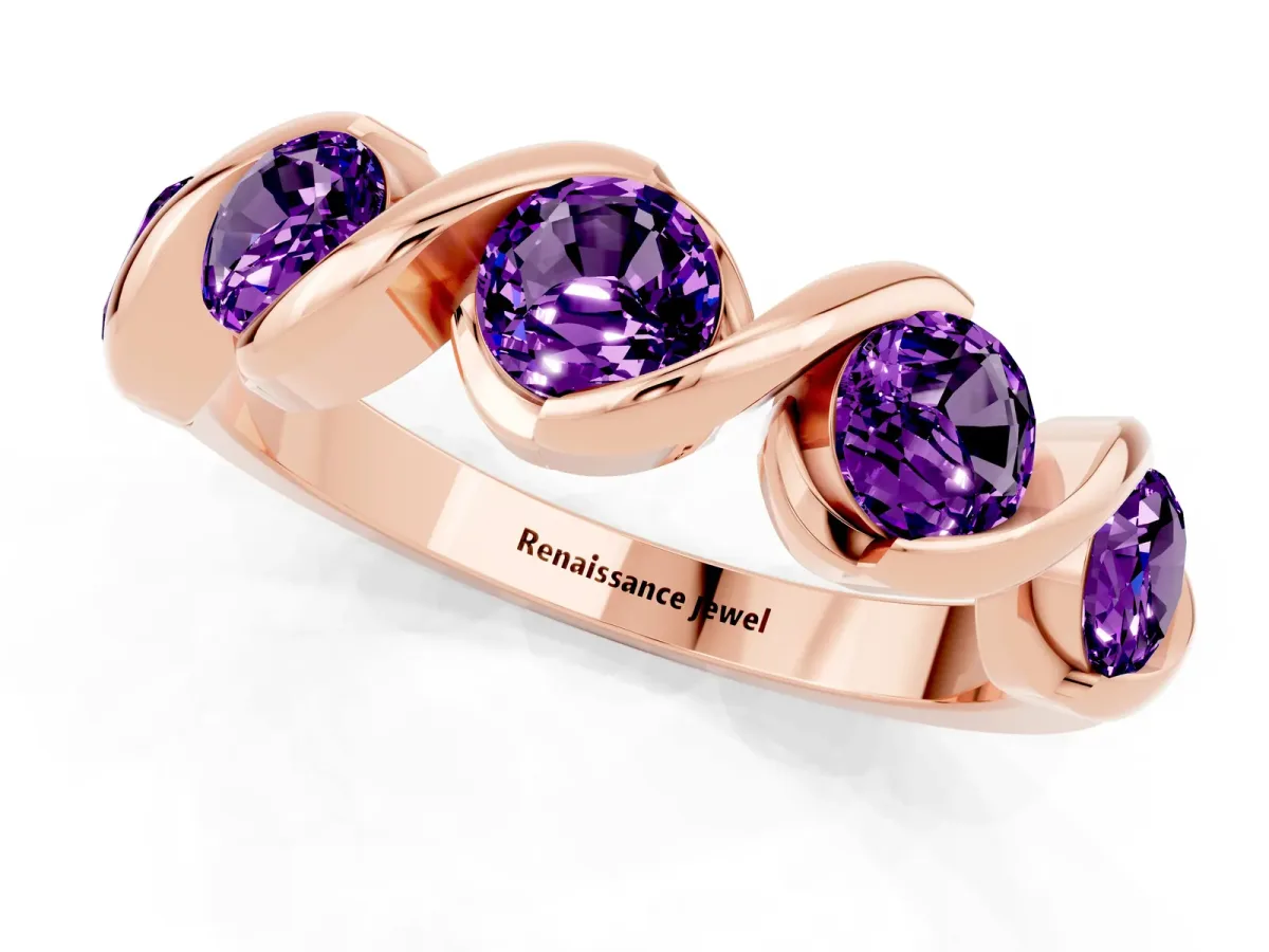 Round Amethyst Wave Band with Channel Setting and Shared Prongs Rose gold