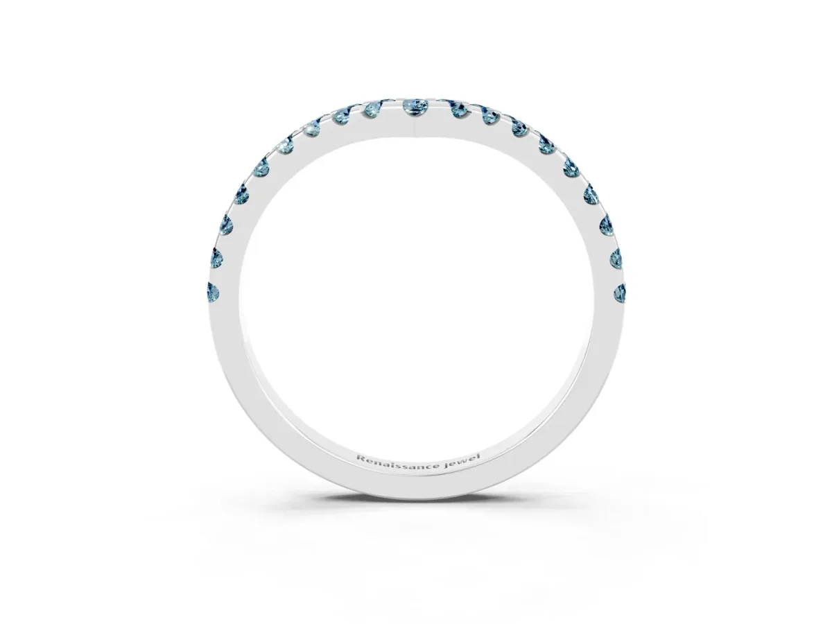 Pavé Round Aquamarine Chevron Band with Shared Prong Setting Platinum