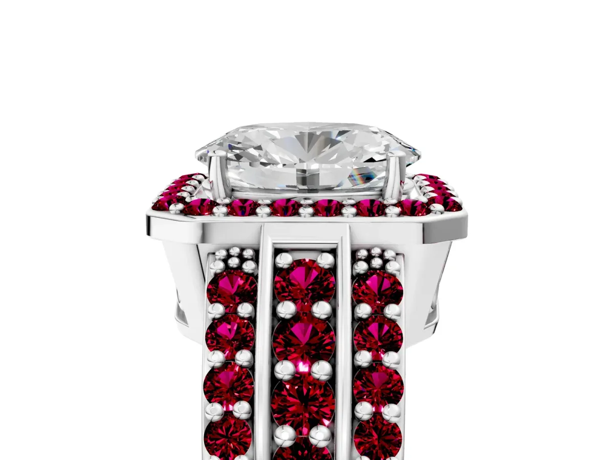 Oval Cut Halo Diamond Ring with Round Garnet Split Shank and Prong Setting Silver