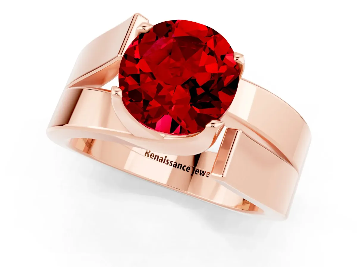Modern Tension Set Round Cut Ruby Solitaire Wide Band Ring Rose gold
