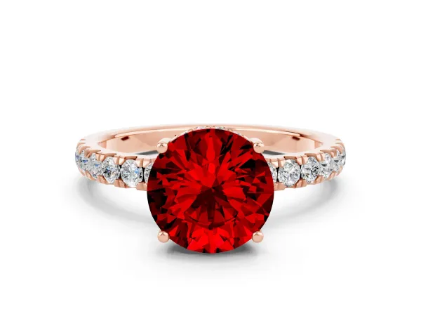Round Cut Ruby Pave Band Solitaire Ring with Round and Prong Setting Rose gold