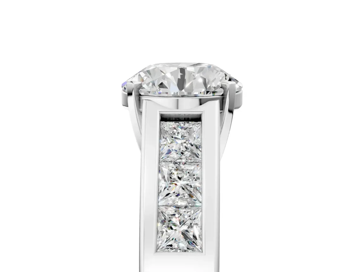 Round Cut Cut Channel Set Solitaire Ring with Four-Prong Setting Platinum