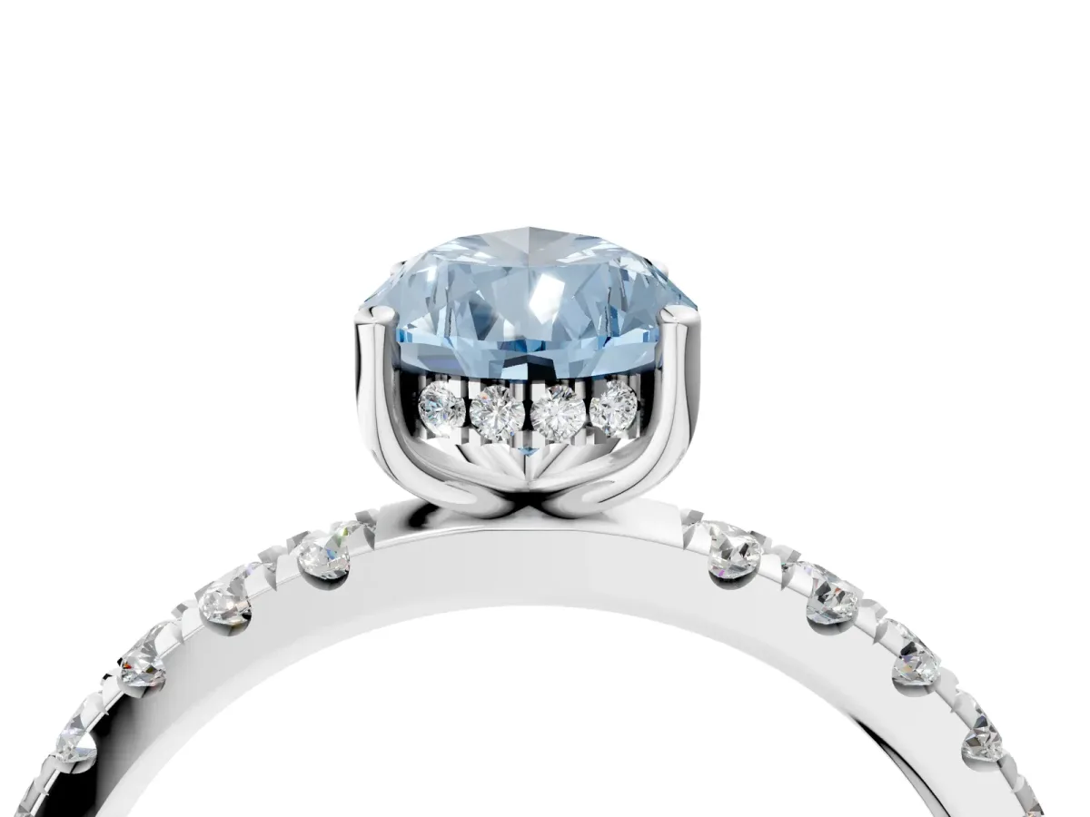 Fancy Blue Pear Cut Diamond Pave Band Solitaire Ring with Round and Prong Setting Platinum