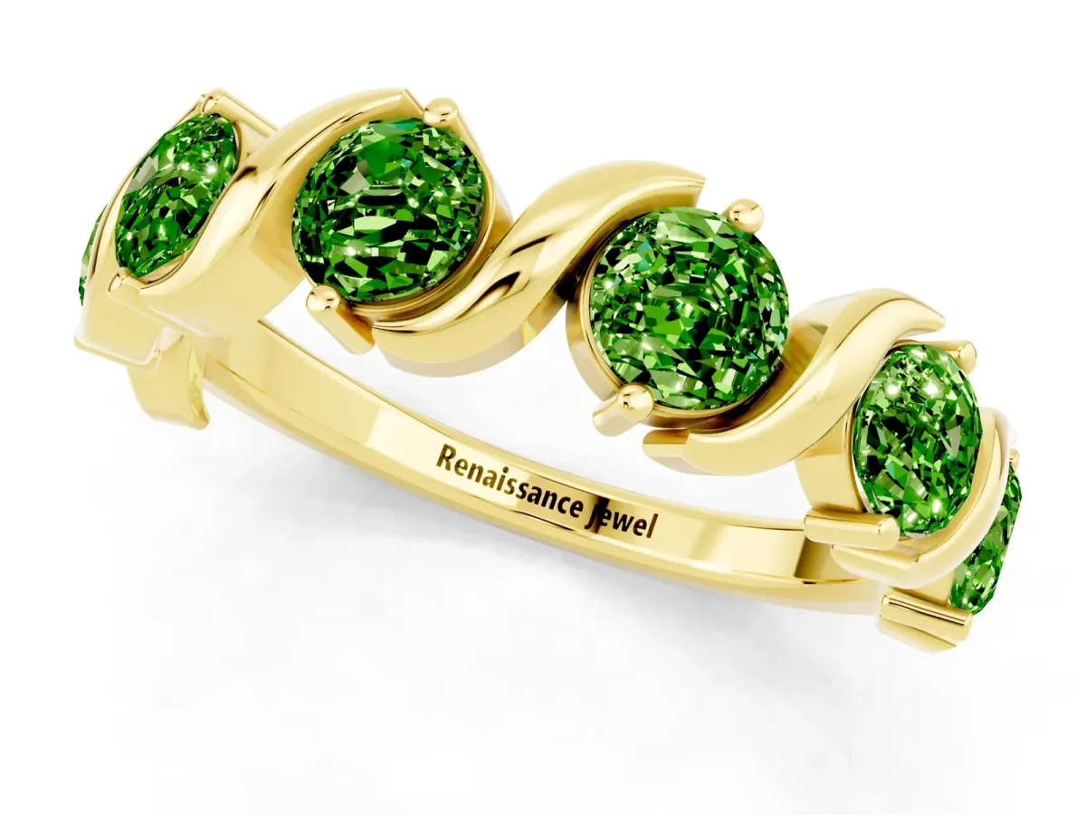 Six-Stone Round Peridot Wave Band with Shared Prong Setting Yellow gold