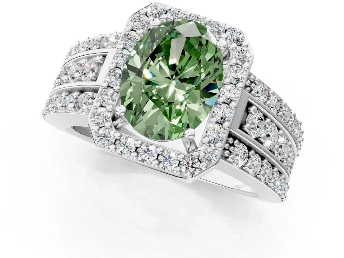 Fancy Green Oval Cut Halo Diamond Ring with Round Split Shank and Prong Setting Silver