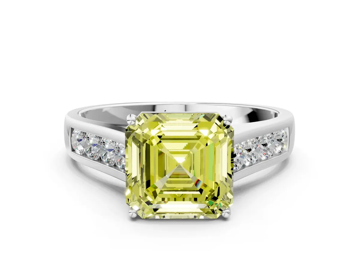 Fancy Yellow Asscher Cut Brilliant Channel-Set Solitaire Ring with Four-Prong Setting Platinum