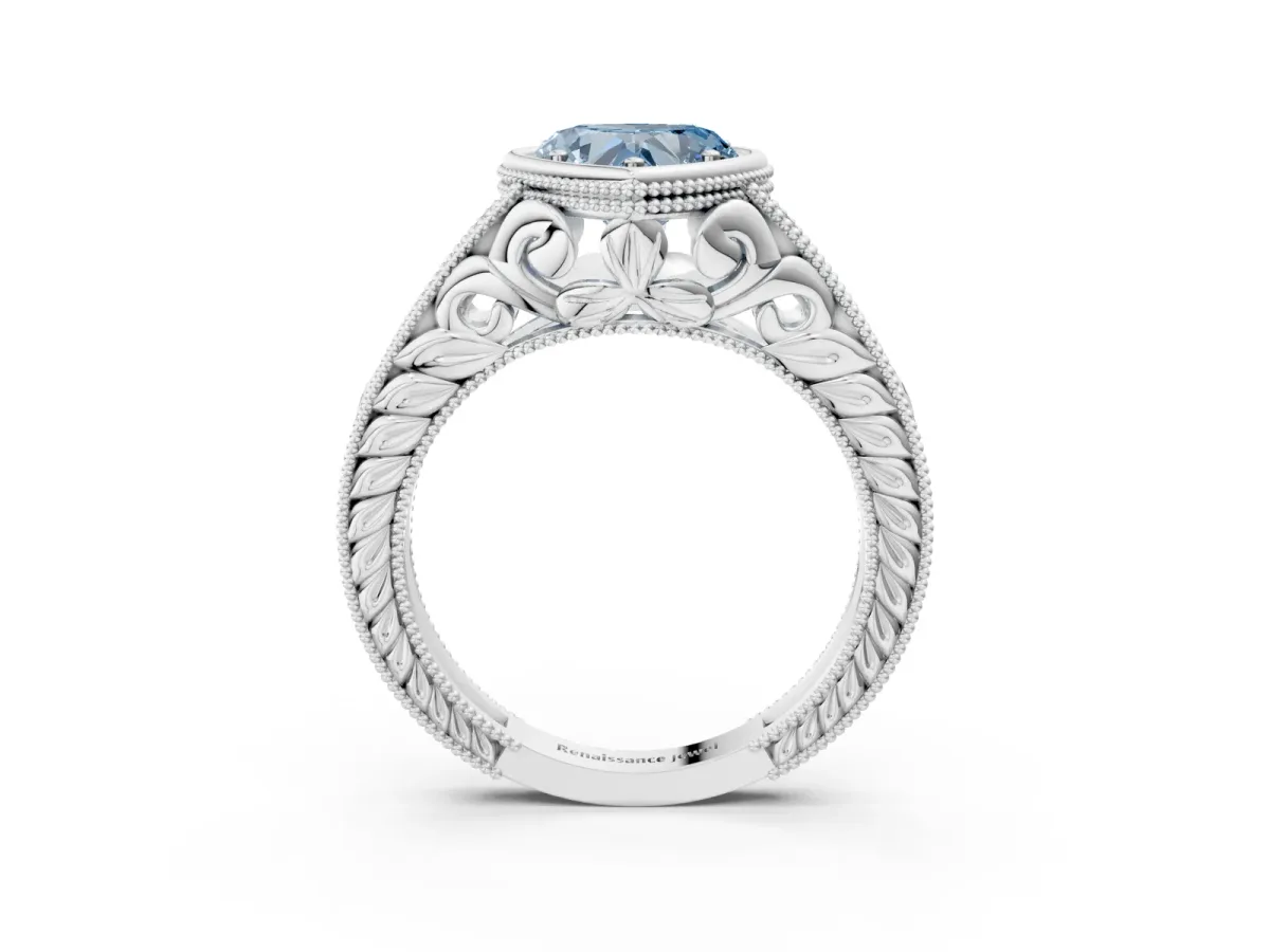 Fancy Blue Bezel Set Heart Cut Diamond Milgrain Pave Engagement Ring Platinum