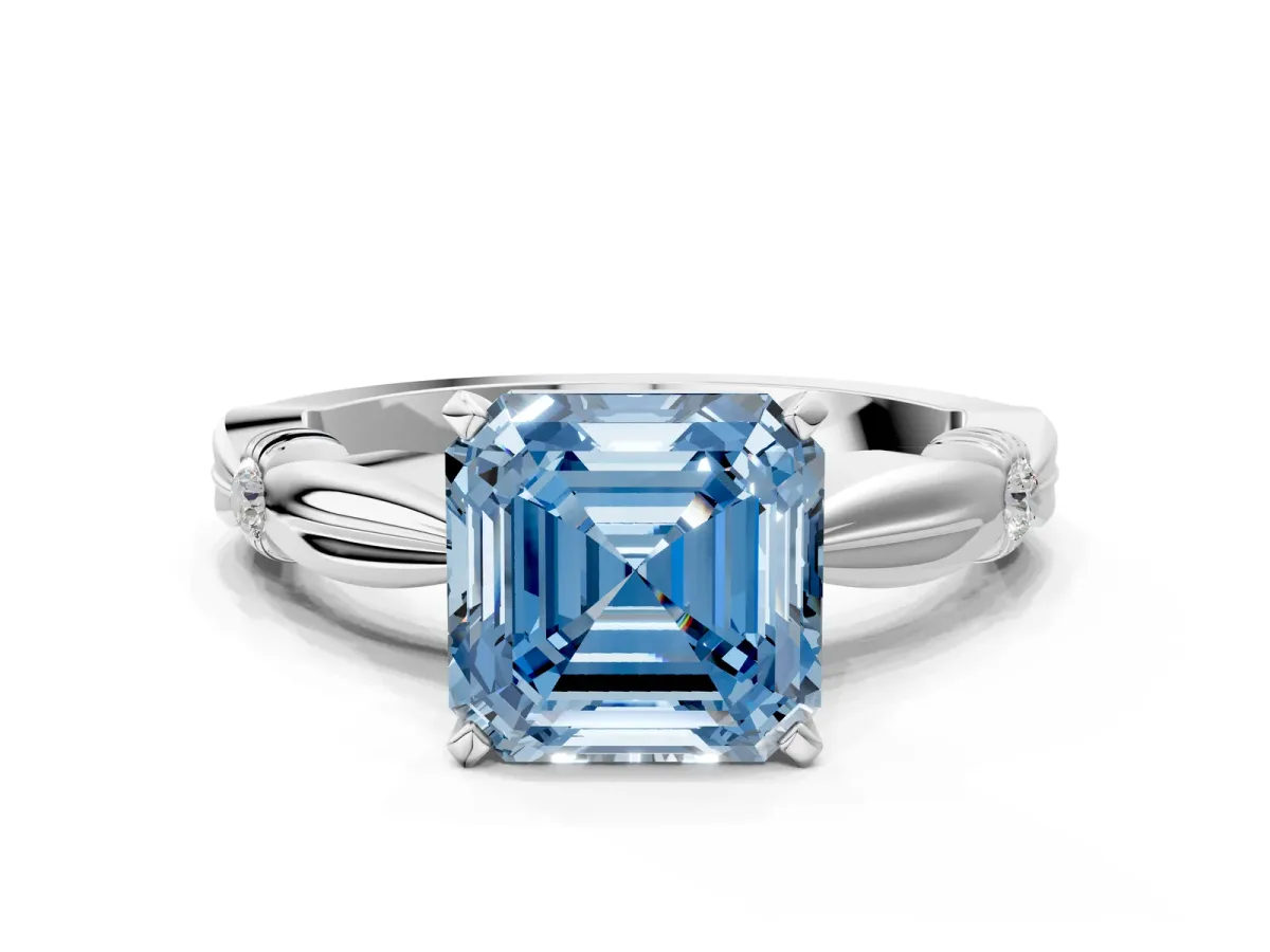 Fancy Blue Asscher Cut Solitaire Diamond Twisted Band with Four-Prong Setting Platinum
