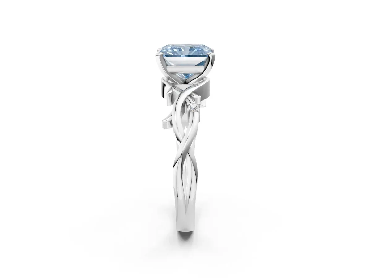 Fancy Blue Radiant Cut Diamond Solitaire Ring with Twisted Band and Prong Setting Platinum