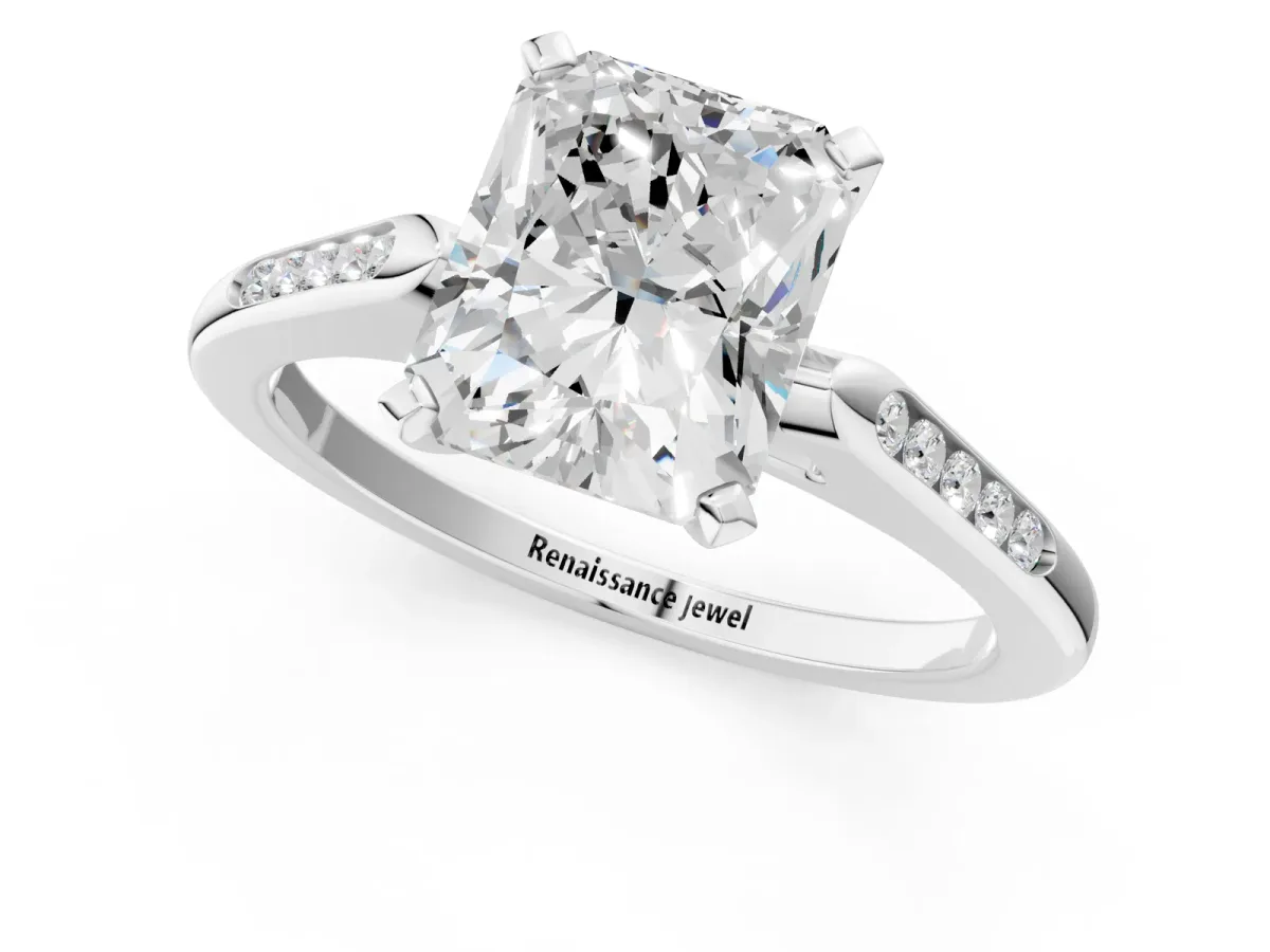 Radiant Cut Diamond Solitaire Ring with Channel Set Round Band and Prong Setting Silver