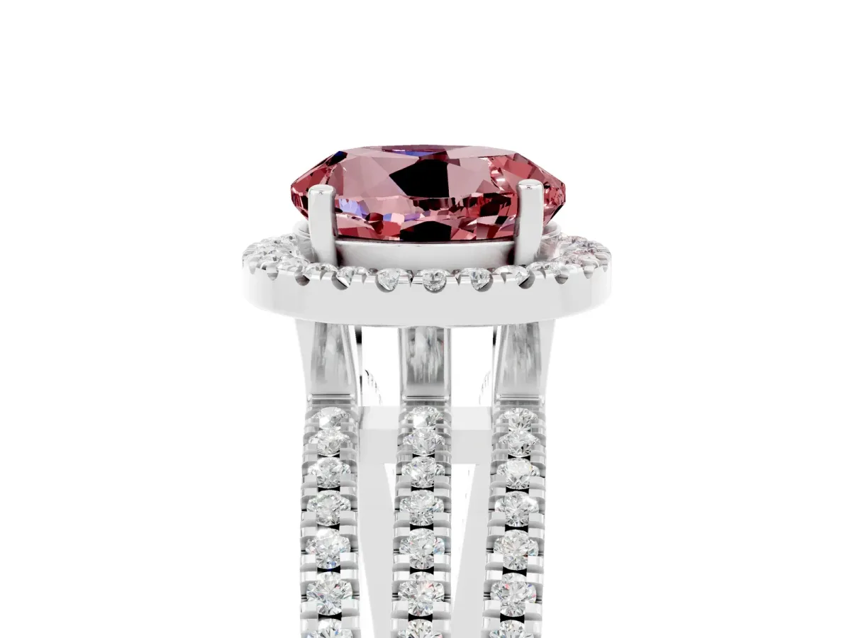 Round Cut Morganite Halo Engagement Ring with Split Shank and Four-Prong Setting Platinum