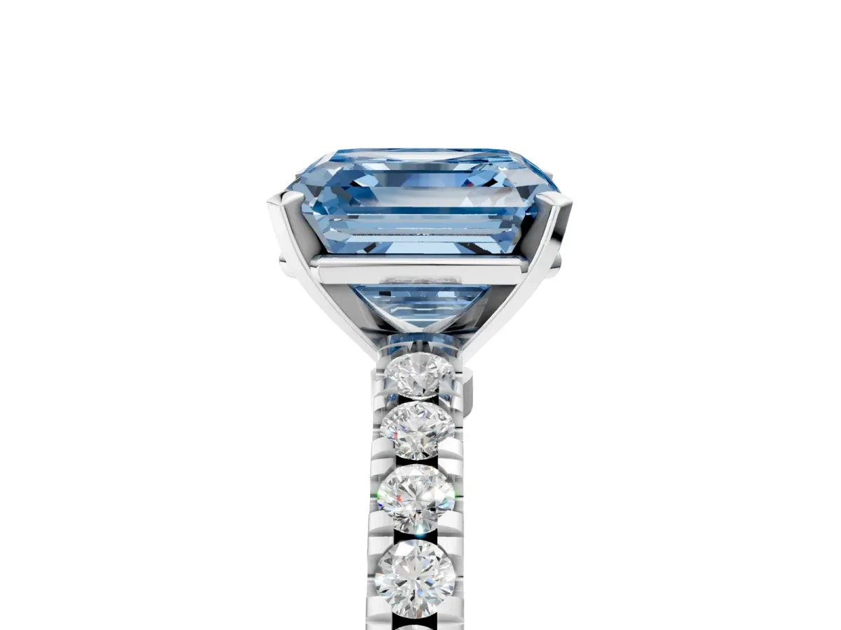 Fancy Blue Asscher Cut Solitaire Diamond with Pavé Band and Four-Prong Setting Silver