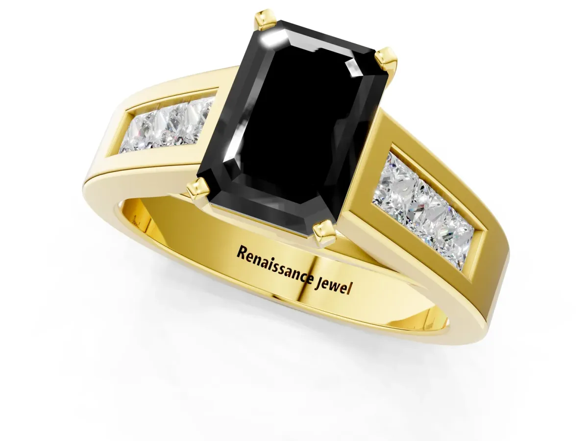 Fancy Black Emerald Cut Cut Channel Set Solitaire Ring with Four-Prong Setting Yellow gold