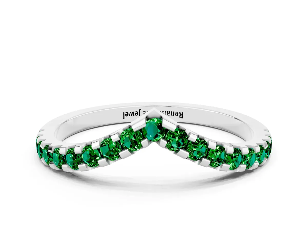 Pavé Round Emerald Chevron Band with Shared Prong Setting Silver