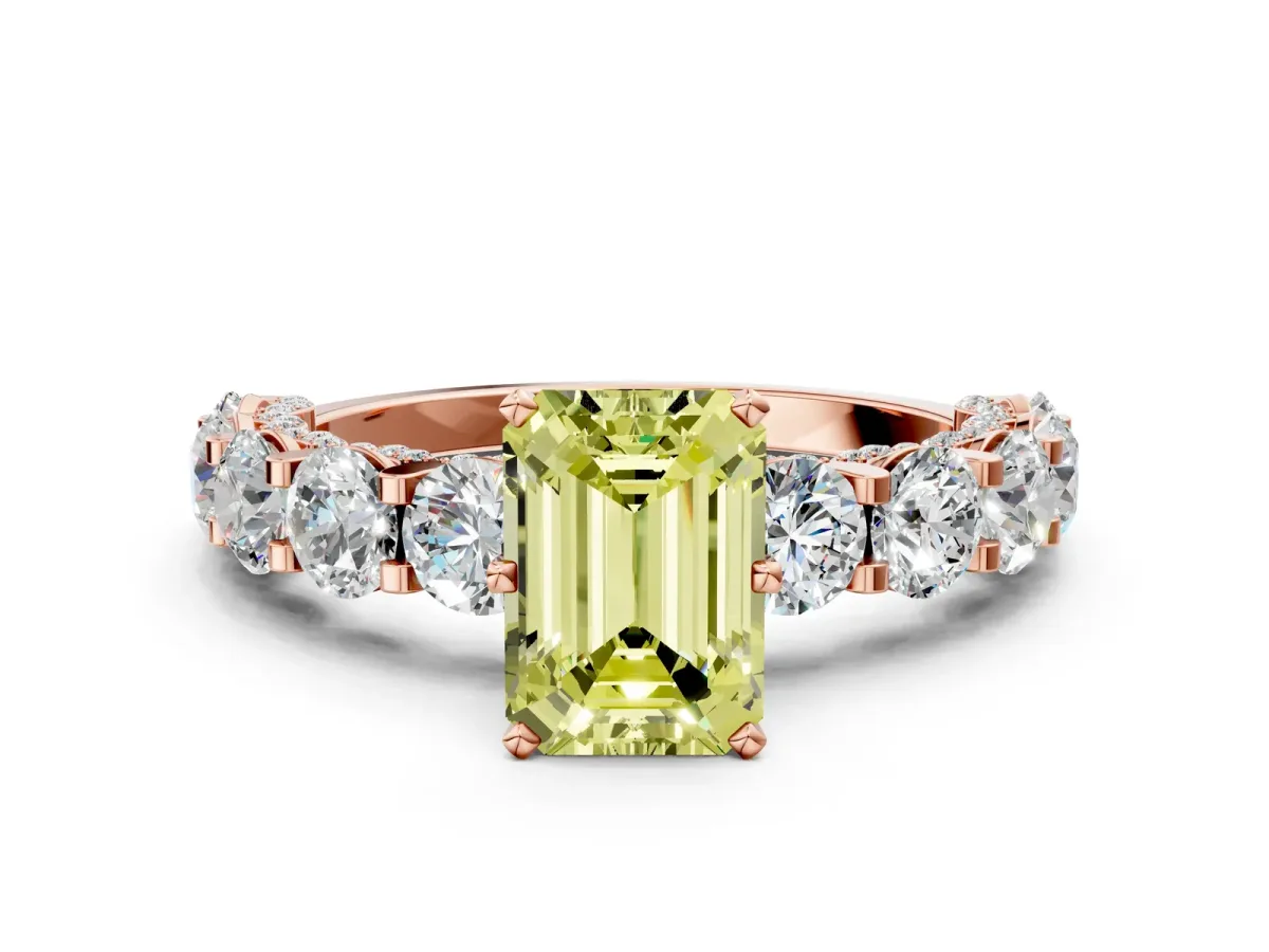 Fancy Yellow Emerald Cut Diamond Side Stone Engagement Ring with Four-Prong Setting Rose gold