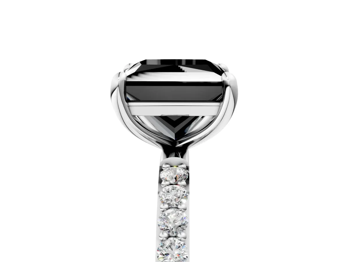 Fancy Black Princess Cut Diamond Solitaire Ring with Round Pavé Band and Prong Setting Silver
