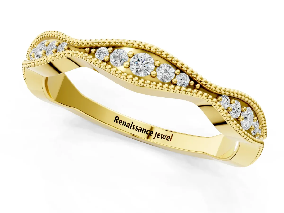 Milgrain Diamond Marquise Curved Band with Pavé Setting Yellow gold