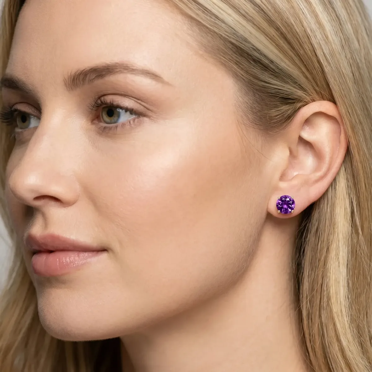 Round Cut Amethyst Stud Earrings Yellow gold