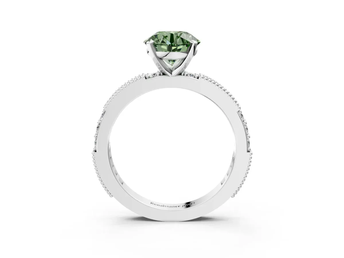 Fancy Green Round Cut Solitaire with Pavé Band and Four-Prong Setting Silver