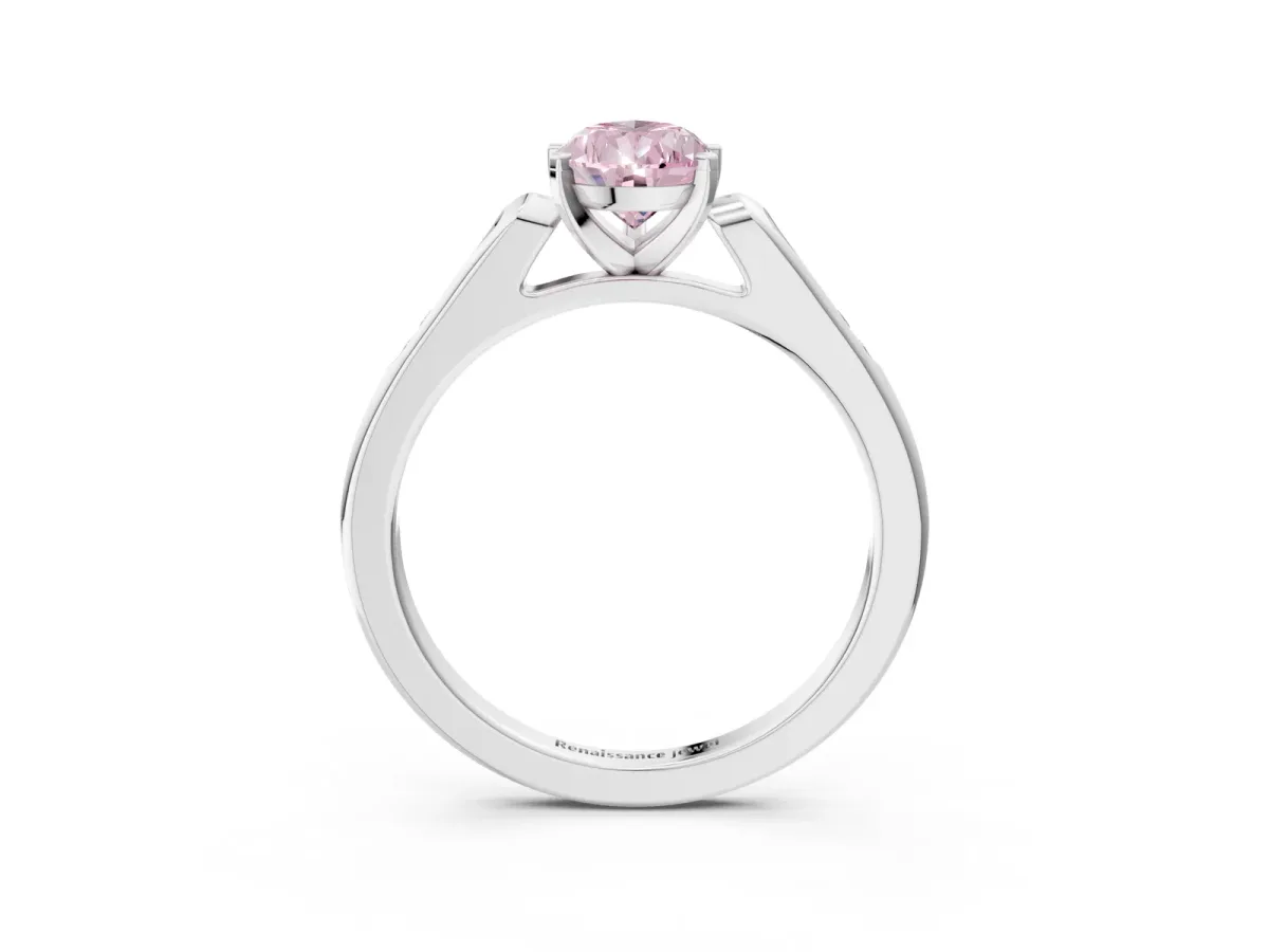 Fancy Pink Pear Cut Diamond Solitaire Ring with Channel Set Round Band and Prong Setting Silver