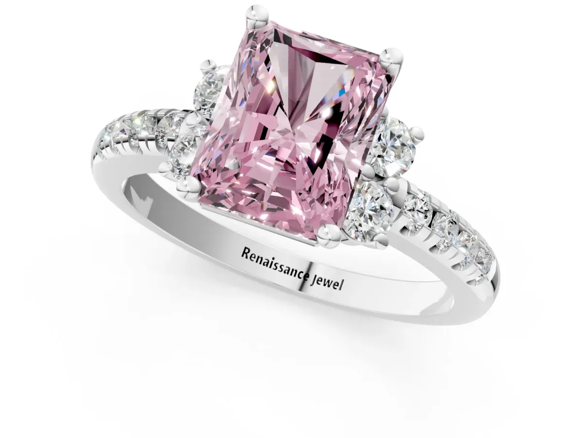 Fancy Pink Radiant Cut Diamond Three-Stone Pave Band with Four-Prong Setting Platinum