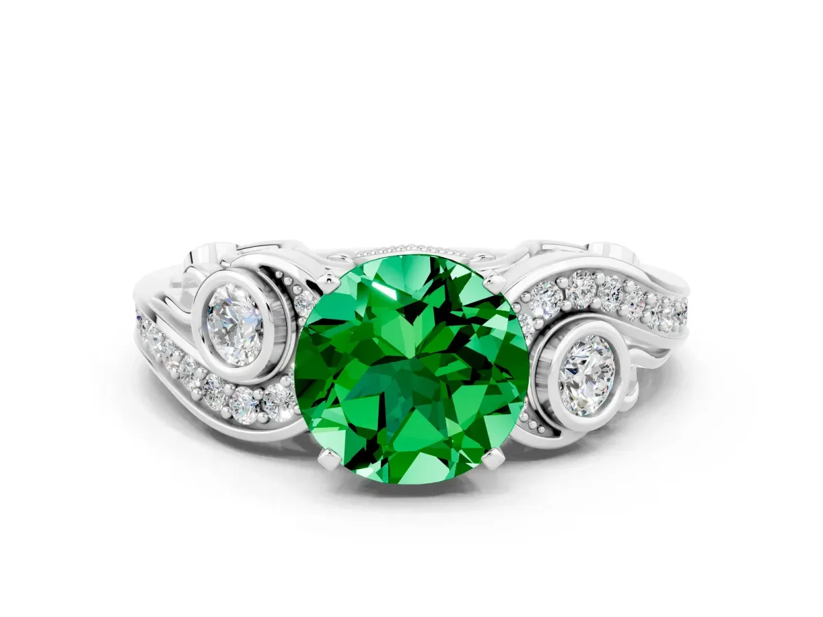 Round Cut Emerald Solitaire Ring with Milgrain Pavé Band and Four-Prong Setting Silver