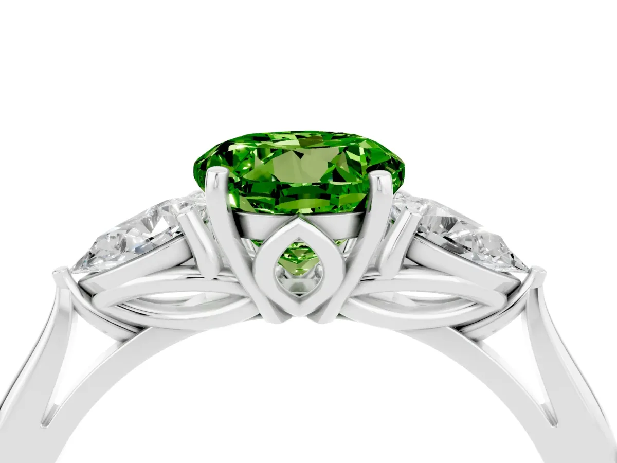 Three-Stone Round Cut Peridot Ring with Pear Side Stones in Four-Prong Setting Platinum