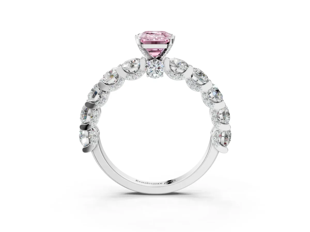 Fancy Pink Emerald Cut Diamond Side Stone Engagement Ring with Four-Prong Setting Silver