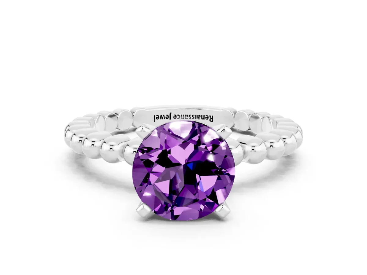 Round Cut Amethyst Solitaire Ring with Beaded Band and Prong Setting Silver