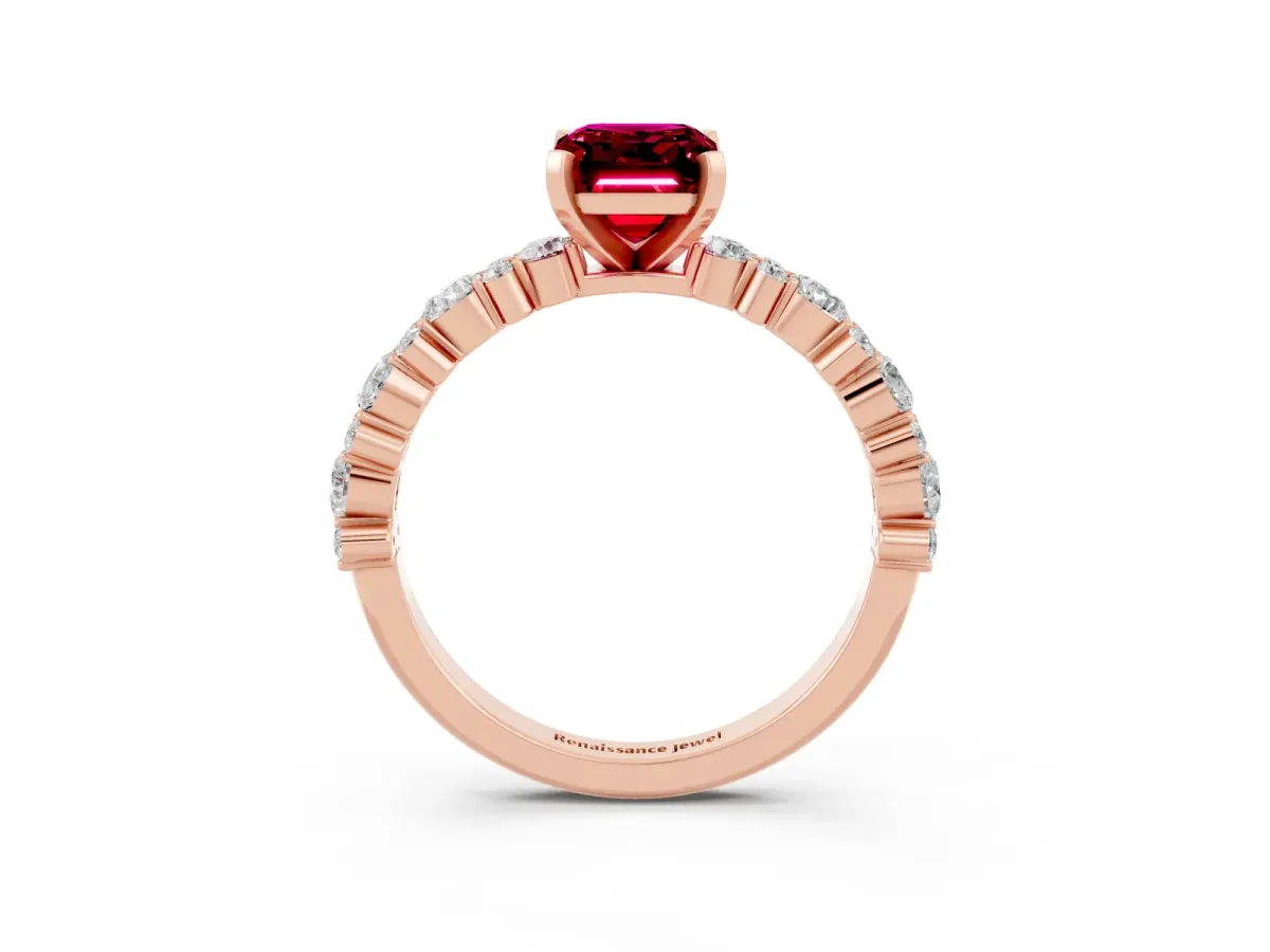 Emerald Cut Garnet Side Stone Solitaire Ring with Round and Four-Prong Setting Rose gold