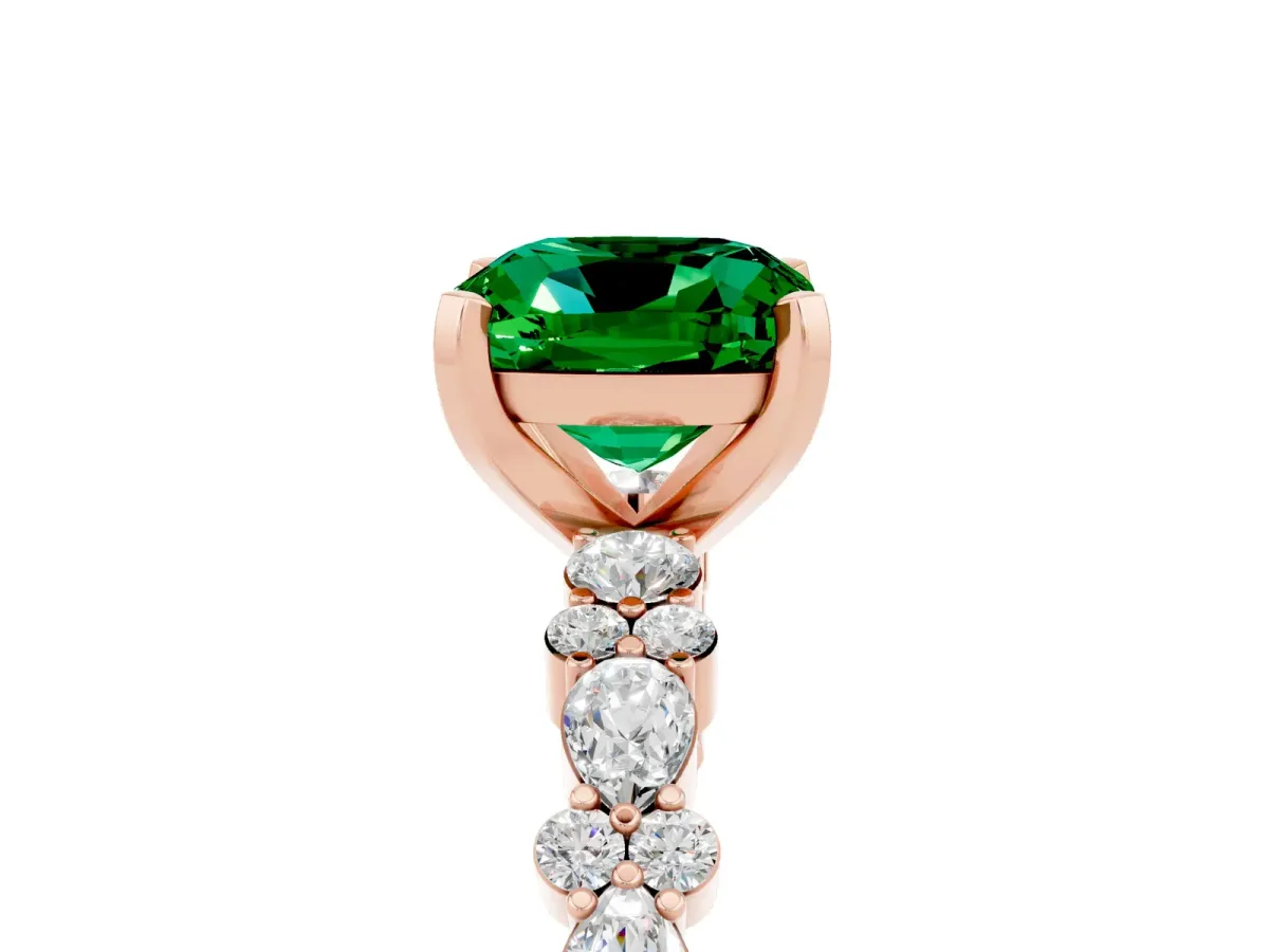 Cushion Cut Emerald Side Stone Solitaire Ring with Round and Four-Prong Setting Rose gold