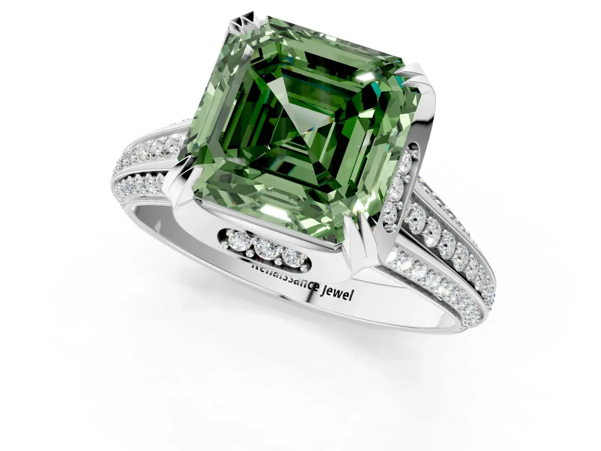 Fancy Green Asscher Cut Solitaire Pave Split Shank Ring with Four-Prong Setting Platinum