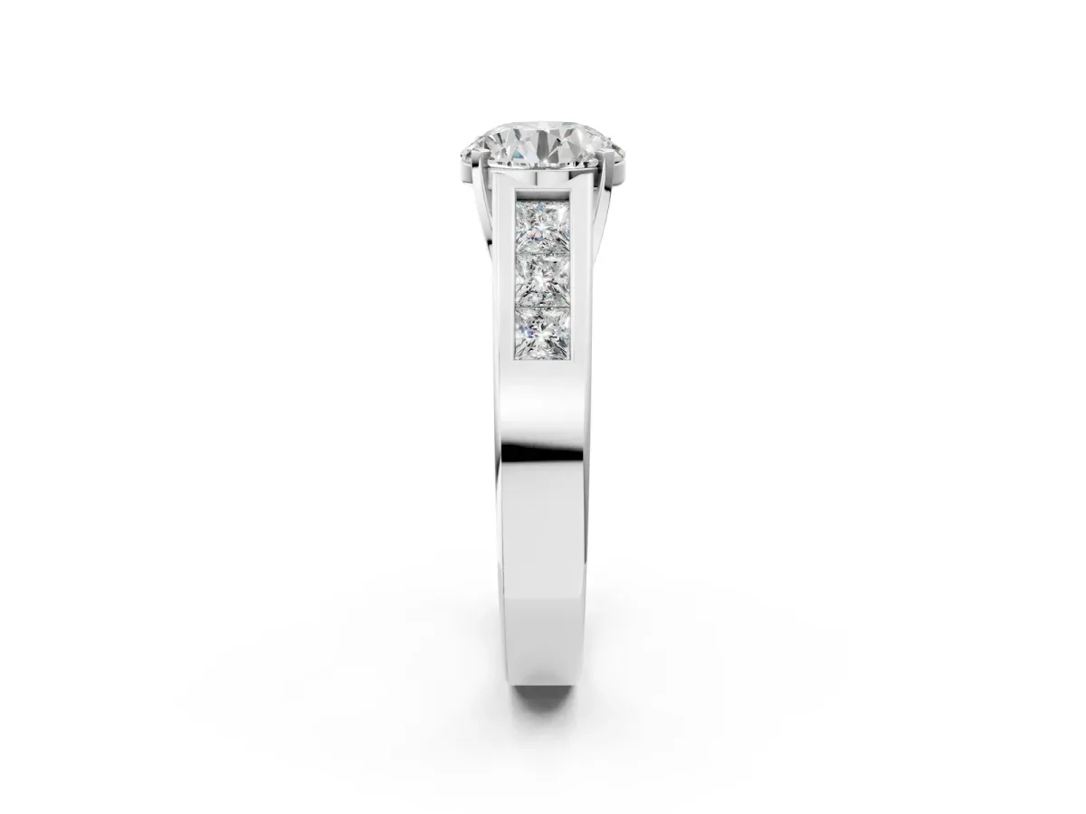 Round Cut Cut Channel Set Solitaire Ring with Four-Prong Setting Platinum