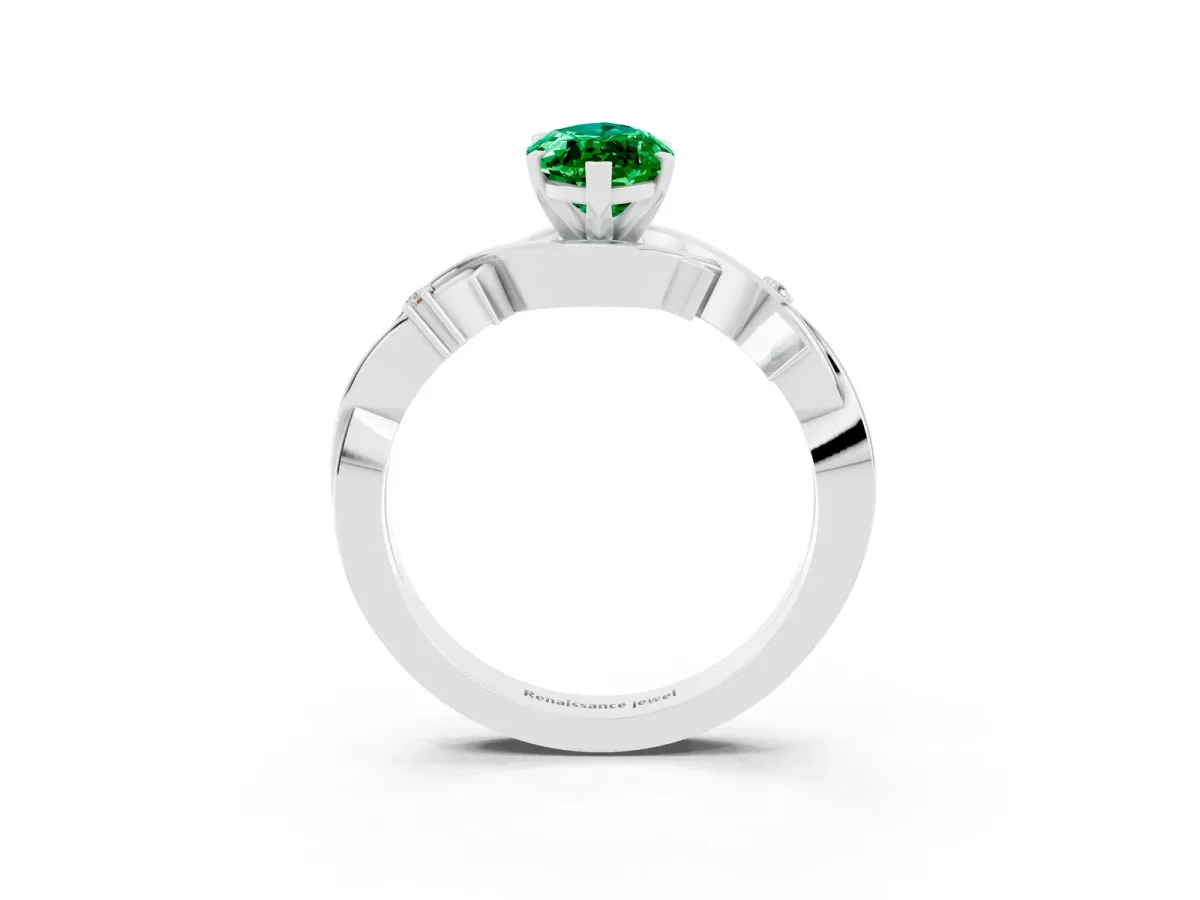 Marquise Cut Emerald Solitaire Ring with Milgrain Pavé Band and Four-Prong Setting Silver